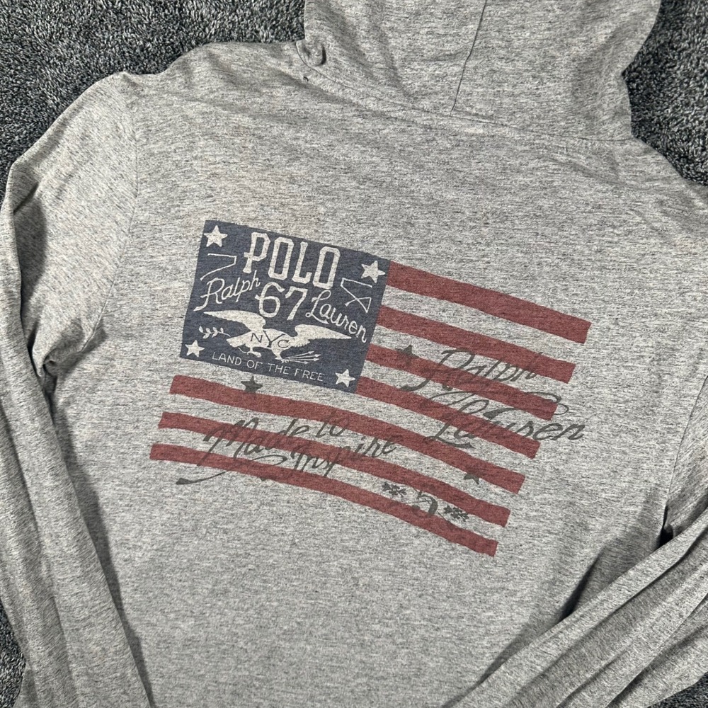 Polo Ralph Lauren Hooded T-Shirt Mens S Gray American Flag Graphic Pocket Tee